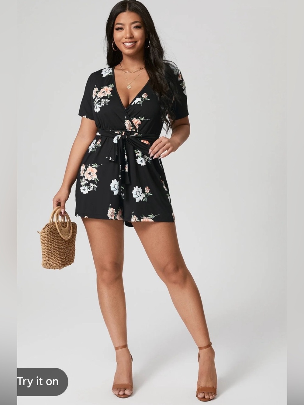 SHEIN Black Floral  Romper with Tie Waist